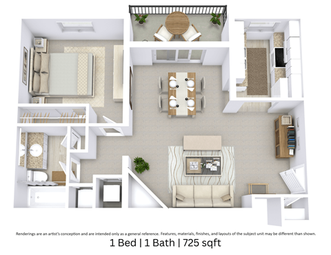 Floor plan for 1 bed, 1 bath, 725 sqft